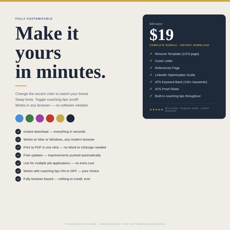 May include: A digital resume template bundle with a dark blue background, offering a resume template, cover letter, and more. The text "Make it yours in minutes" is displayed prominently, along with a price of &pound;15.20.