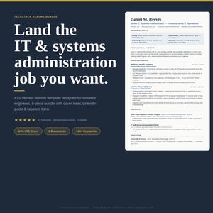 May include: A dark blue resume template bundle with the text "Land the IT & systems administration job you want." Includes a cover letter, LinkedIn guide, and keyword bank. Designed for software engineers. ATS tested and editable.
