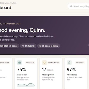 May include: A digital teacher command center dashboard interface with a dark purple sidebar and main content area. It displays a greeting for Quinn, class statistics, and summary cards for schedule, grades, homework, attendance, and tasks.