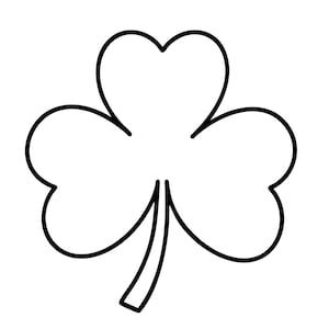 May include: A simple black and white line drawing of a three-leaf clover, also known as a shamrock. The design features a single, centred stem at the bottom and three rounded, heart-shaped leaves arranged symmetrically around a central point.