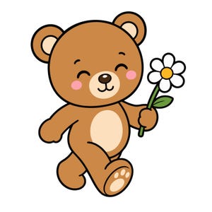 Könnte beinhalten: Ein brauner Cartoon-Teddybär mit hellbeigem Bauch und rosa Wangen, der läuft und eine weiße Gänseblümchenblüte mit gelber Mitte hält. Der Bär hat eine dunkelbraune Nase, abgerundete Ohren und ein Pfotenabdruck-Detail auf dem Fuß, schwarz umrandet.
