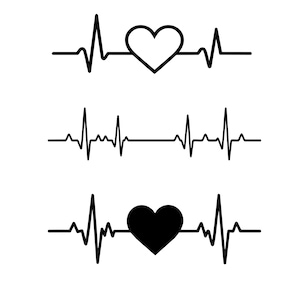 May include: A set of three black and white graphic illustrations featuring horizontal electrocardiogram lines. The top design includes an outlined heart, the middle shows a standard heartbeat rhythm, and the bottom features a solid black heart icon.