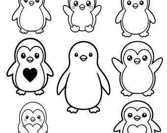 Puede incluir: Una colección de ocho ilustraciones de líneas en blanco y negro de pingüinos. Los pingüinos se muestran en varias poses, algunos con formas de corazón en el pecho, mientras que otros tienen las alas extendidas o pegadas a los costados.
