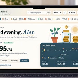 Puede incluir: Una pantalla de portátil que muestra la interfaz del panel financiero Alex's Planner. La pantalla muestra un saldo disponible de 395,75 $, una vista de calendario para el próximo mes y pestañas de navegación para dinero, presupuesto y facturas.