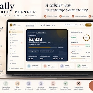 Puede incluir: Una pantalla de ordenador portátil que muestra la interfaz del Tally Budget Planner, con un panel de control que incluye resúmenes financieros, rastreadores de gastos y objetivos de ahorro. La pantalla muestra texto que incluye 'Take Control of Your Money' y 'A calmer way to manage your money' junto con varios iconos y menús de navegación para el seguimiento de ingresos, facturas y cuentas.