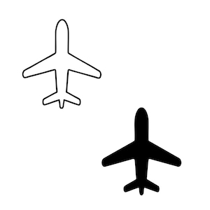May include: Two airplane icons shown from a top-down perspective. One icon is a black outline of an airplane shape, and the other icon is a solid black silhouette of an identical airplane shape. Both icons feature a central fuselage, wings, and tail.