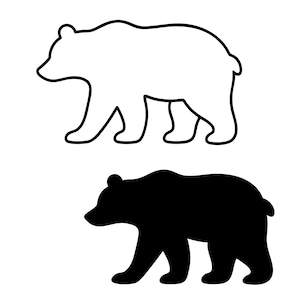 以下が含まれることがあります： 歩く姿勢のクマのシルエット2つを描いたグラフィックイラスト。上のクマは太い黒い輪郭線を持つ白い形で、下のクマは塗りつぶされた黒いシルエットとして表現されています。どちらのクマも横向きの姿で描かれています。