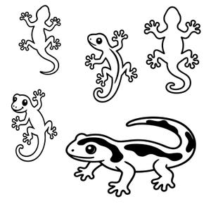 May include: A collection of five black and white illustrations featuring various lizard and gecko designs. Four of the figures are depicted in upright climbing positions, while one larger lizard is shown in a horizontal profile with dark spots.