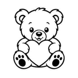 Puede incluir: Una ilustración de arte lineal en blanco y negro de un oso de peluche sentado con orejas redondeadas y una expresión sonriente. El oso sostiene una forma de corazón grande y lisa entre sus patas. El diseño presenta contornos gruesos.