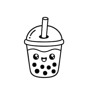 May include: A black and white line art illustration of a bubble tea cup with a dome lid and a straw. The cup features a smiling face with large circular eyes and a small mouth, and several solid black circles representing tapioca pearls inside.