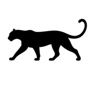 Könnte beinhalten: Eine massive schwarze Silhouette einer großen Katze, wie etwa eines Panthers oder Leoparden, in der Seitenansicht. Das Tier ist in einer schreitenden Haltung dargestellt, wobei sein langer Schwanz am Ende nach oben gebogen ist.