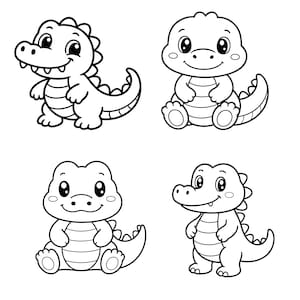 Puede incluir: Un conjunto de cuatro ilustraciones de arte lineal en blanco y negro con cocodrilos de dibujos animados. Dos cocodrilos se muestran en posición de pie, mientras que los otros dos están sentados, todos con ojos grandes y contornos simples.