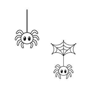 Op de afbeelding: Een zwart-witte lijntekening met twee spinnen. De ene spin hangt aan een enkele verticale draad, terwijl de andere spin aan een web hangt. Beide spinnen hebben ronde lichamen, grote ovale ogen en acht gebogen poten.