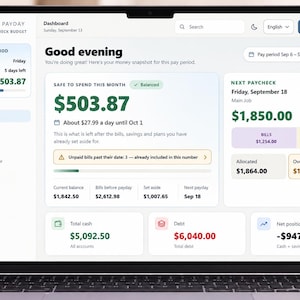 May include: A laptop screen displaying the Solace Payday ADHD Paycheck Budget Planner dashboard. The interface features sections for current pay period, safe to spend amounts, next paycheck details, total cash, debt, and net position metrics.