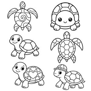 Puede incluir: Una colección de seis ilustraciones en blanco y negro de tortugas hechas con líneas. El conjunto incluye varios diseños de tortugas, incluyendo una con un caparazón en espiral, otra con patrones de corazones y una que lleva un pequeño sombrero.