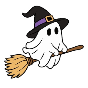Può includere: Un'illustrazione a cartone animato di un fantasma bianco che indossa un cappello da strega nero con una fascia viola e una fibbia dorata. Il fantasma vola su una scopa di legno marrone con setole color cuoio, in uno stile grafico semplice.