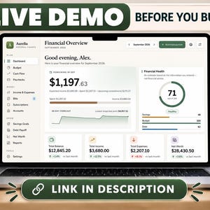 May include: A laptop screen displaying a financial dashboard titled Financial Overview with the text Live Demo Before You Buy and Link In Description. The interface shows data for September 2026, including a total balance of $12,845.20 and a financial health score of 71.