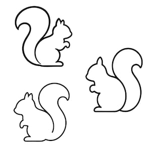 May include: A set of three black line art illustrations of squirrels, each depicted in a seated profile position with a large, curved tail. The designs feature clean, bold outlines against a plain white background, showcasing the distinct silhouette of each squirrel.