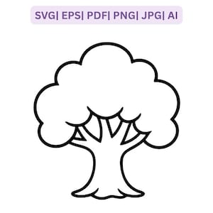 May include: A black and white line drawing of a tree with a rounded crown and a thick trunk. The image includes the text "SVG | EPS | PDF | PNG | JPG | AI" at the top.
