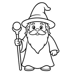 Peut inclure: Une illustration en noir et blanc au trait représentant un personnage de magicien de dessin animé. La figure porte un grand chapeau pointu et une longue robe, avec une barbe et une moustache fournies. Le magicien tient un bâton.