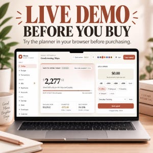 Puede incluir: Una pantalla de portátil que muestra la interfaz del planificador de presupuesto Bloom con un panel que indica un saldo de 2.277,12 $, una sección de gastos y un menú. El texto superior dice LIVE DEMO BEFORE YOU BUY. Try the planner in your browser before purchasing.