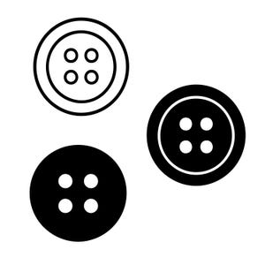 Peut inclure: Trois boutons circulaires disposés en triangle. Un bouton est blanc avec un contour noir et quatre trous. Deux boutons sont noirs unis avec quatre trous blancs. Chaque bouton présente un design de bordure circulaire distinct.