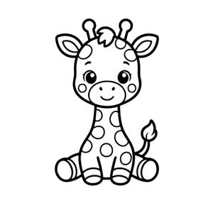 Jirafa Kawaii SVG PNG, Lindo archivo de corte de jirafa bebé para Cricut, Imágenes prediseñadas de animales de safari, Decoración imprimible para guardería, Página para colorear para niños
