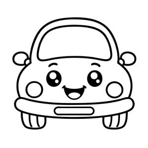 May include: A black and white line art illustration of a car with a smiling face. The car features large circular eyes, a wide open mouth, two side mirrors, a front bumper, and two wheels visible at the bottom of the vehicle frame.