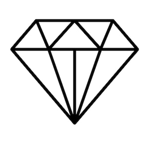 Könnte beinhalten: Eine schwarz-weiße Strichzeichnung in Form eines Diamanten. Die Grafik zeigt eine dicke schwarze Kontur, die die klassische Silhouette eines facettierten Edelsteins bildet, wobei interne Linien ein symmetrisches geometrisches Muster erzeugen.
