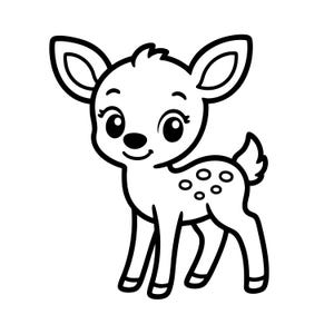 May include: A black and white line art illustration of a baby deer with large eyes, long eyelashes, and a small nose. The deer has pointed ears, a small tuft of hair on its head, and a spotted pattern on its back, standing in a simple pose.