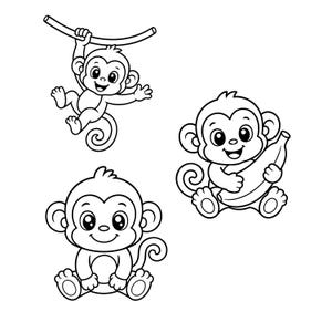 May include: A black and white line art illustration featuring three cartoon monkeys. One monkey hangs from a curved vine, another sits while holding a banana, and the third monkey sits in a neutral pose. All figures have large eyes and tails.