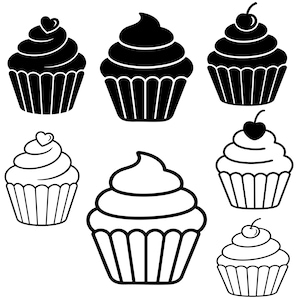 Puede incluir: Una colección de seis ilustraciones de cupcakes dispuestas en dos filas. Tres cupcakes son siluetas negras sólidas y tres son contornos blancos. Los diseños incluyen variaciones con un adorno de corazón, una cereza y glaseado en espiral.