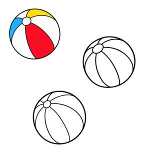 Könnte beinhalten: Drei Strandbälle mit schwarzen Umrandungen. Ein Ball ist mit Segmenten in Rot, Blau, Gelb und Weiß koloriert. Die anderen beiden Strandbälle sind ungefärbt und zeigen nur die schwarzen Umrisse der Segmente sowie einen runden Mittelpunkt.