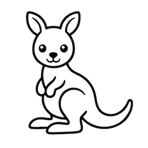 Puede incluir: Una ilustración de arte lineal en blanco y negro de un canguro de pie. El canguro está representado con un contorno simple de estilo caricatura con orejas grandes, ojos redondos, una nariz pequeña y una cola curva sobre un fondo blanco.
