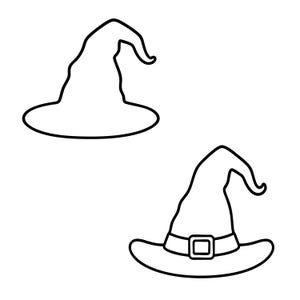 Peut inclure: Deux illustrations au trait noir et blanc représentant des chapeaux pointus. Le chapeau du haut présente une forme conique simple avec un large bord. Le chapeau du bas comprend un large bord, une haute couronne pointue et une boucle rectangulaire.
