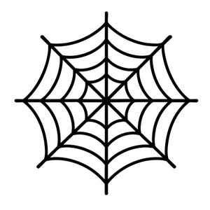 Op de afbeelding: Een zwart-witte grafische illustratie van een spinnenweb met een centraal punt en acht uitstralende lijnen die verbonden zijn door concentrische gebogen segmenten, wat een symmetrisch webpatroon vormt tegen een witte achtergrond.