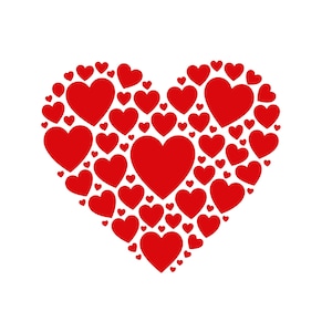 Puede incluir: Una gran forma de corazón compuesta por muchos corazones rojos sólidos más pequeños de diversos tamaños. La disposición crea un patrón denso, similar a un mosaico, donde las formas individuales de los corazones se agrupan en una silueta.
