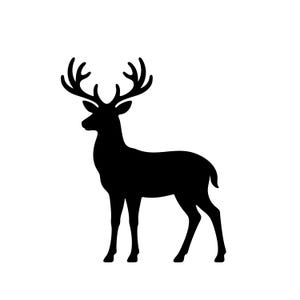 May include: A solid black silhouette of a standing deer with large, branching antlers. The animal is depicted in profile, facing towards the left, with its head held upright and its four legs positioned firmly on a flat, invisible ground plane.