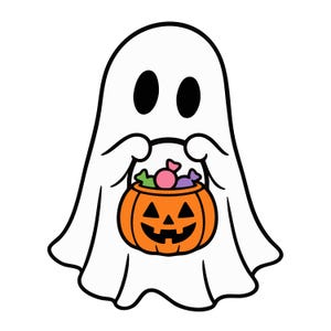 Könnte beinhalten: Ein weißes Cartoon-Gespenst mit schwarzen ovalen Augen hält einen orangefarbenen Kürbiseimer als Jack-o'-Lantern. Der Kürbiseimer hat ein schwarzes geschnitztes Gesicht und ist mit kleinen, bunten Bonbons in Rosa, Grün und Lila gefüllt.