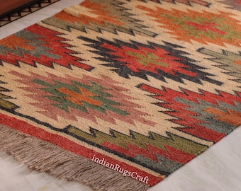 Alfombra Kilim de yute tejida a mano, decoración tradicional india de estilo bohemio para el hogar.