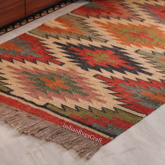 Handwoven Wool Jute Kilim Rug, Traditional Indian Bohemian Home Decor.