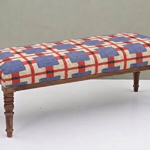 Banco tapizado de madera maciza, banco indio de estilo vintage para sala de estar, reposapiés de tela de yute tejida a mano, muebles de entrada I