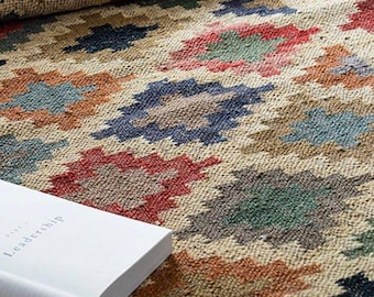 Wolle Jute Kelim Teppich Handgewebter Terrakotta Teppich Boho Bohemian Bohemian Kilim