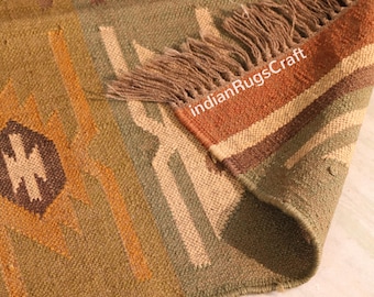Handgeknüpfter Kilim-Dhurrie-Teppich aus Wolle und Jute, traditionelles indisches Design, geometrisches Muster