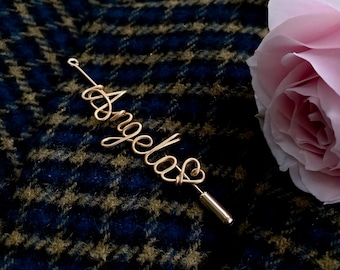 Custom Name Brooches, Elegant Gold Personalized Pins, for Special Occasions, Clothing Pin, Hat Pin, Gift Box Included