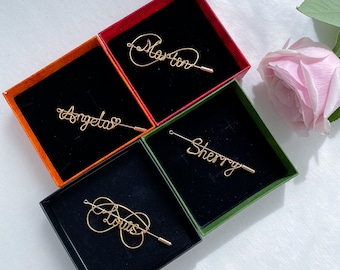 Custom Name Brooches, Elegant Gold Personalized Pins, for Special Occasions, Clothing Pin, Hat Pin, Gift Box Included