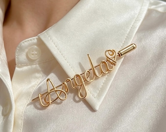 Custom Name Brooches, Elegant Gold Personalized Pins, for Special Occasions, Clothing Pin, Hat Pin, Gift Box Included