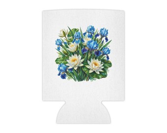 Blauwe en witte waterlelies koelbox | Bloemenboeket Koozie