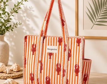 Bolso tote acolchado Rangsutra | Bolso de hombro de algodón con estampado de langosta y rayas naranjas