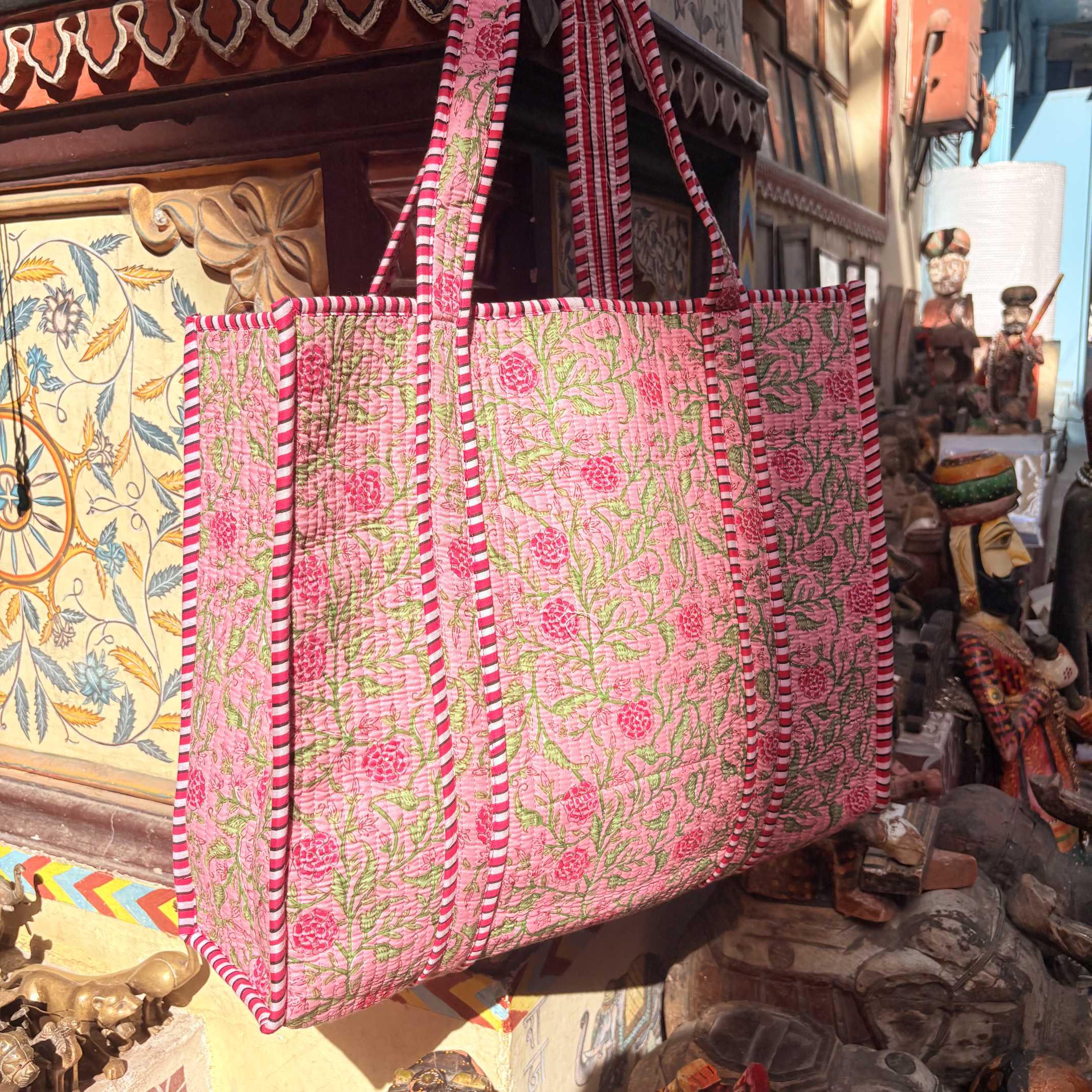 Handmade Quilted Cotton Tote Bag | Pink Floral Block Print Bag ...